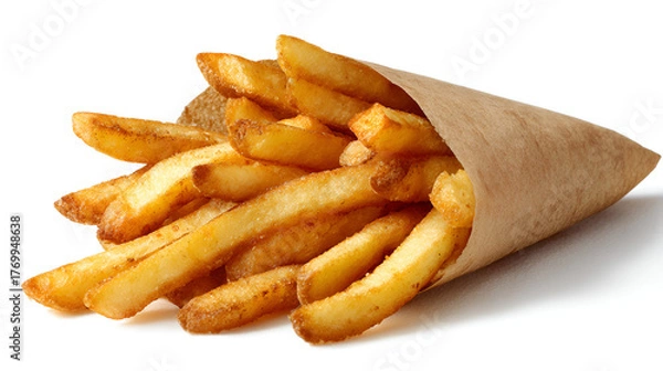 Fototapeta Crispy golden french fries in paper cone