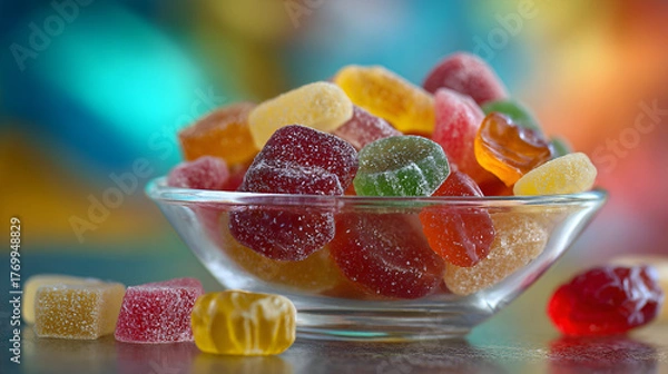 Fototapeta colorful fruit jellies with sugar in clear bowl