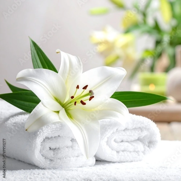 Obraz Close-up of lily, stacked towels, spa setting, soft lighting