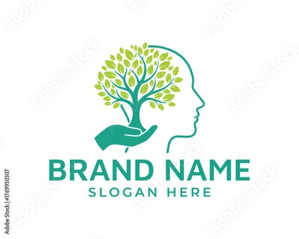 Fototapeta Green tree growing from a hand inside a human head silhouette, isolated on white background