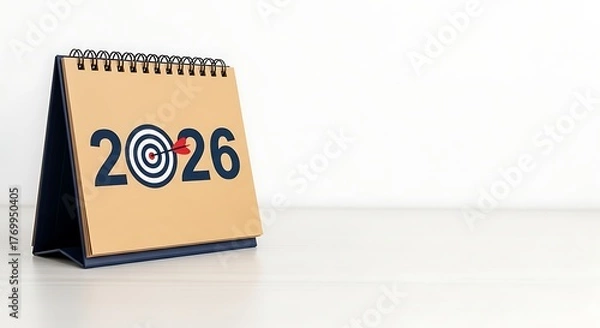 Fototapeta Desktop calendar for the year 2026 with a bullseye target design symbolizing goals and future planning