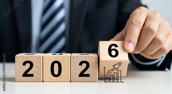 Fototapeta Businessman s hand turning wooden block from 2025 to 2026 symbolizing future growth and new year planning