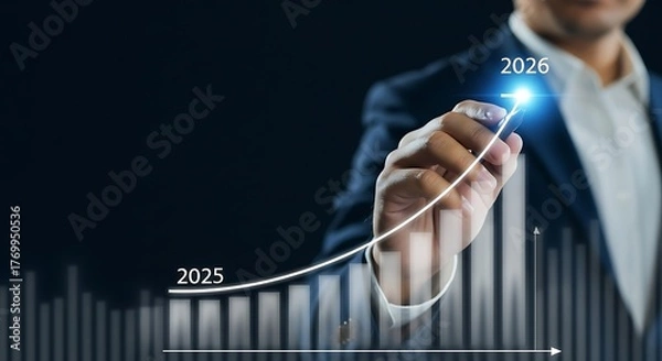 Fototapeta Businessman drawing an upward trending growth chart from 2023 to 2029 symbolizing financial success and future prosperity