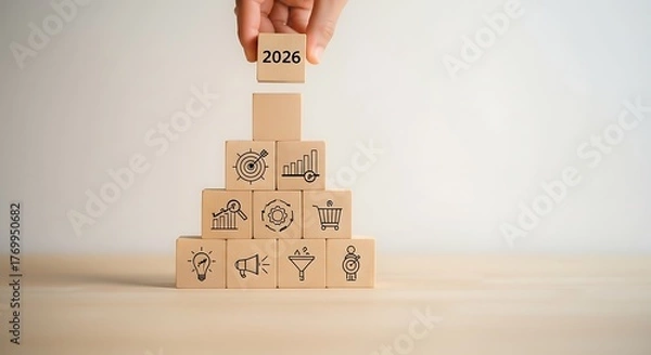 Fototapeta Hand stacking wooden blocks with icons representing family and community building a tower of connection and togetherness