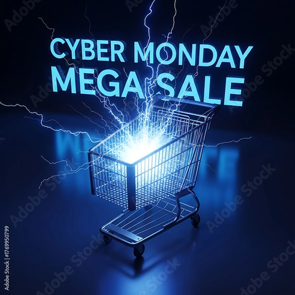 Obraz Cyber Monday Mega Sale Shopping Cart with Electric Lightning Spark