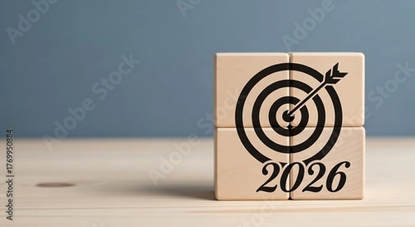 Fototapeta Wooden blocks with target and arrow symbolizing achieving goals and objectives in the year 2026