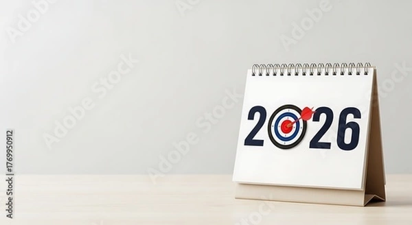 Fototapeta Desktop calendar showing the year 2026 with a target and dart symbolizing future goals and planning