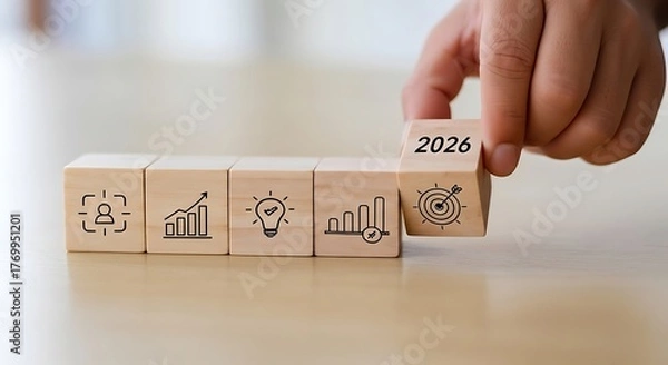 Fototapeta Hand placing wooden block with 2026 year on top of blocks with business icons symbolizing future growth and planning