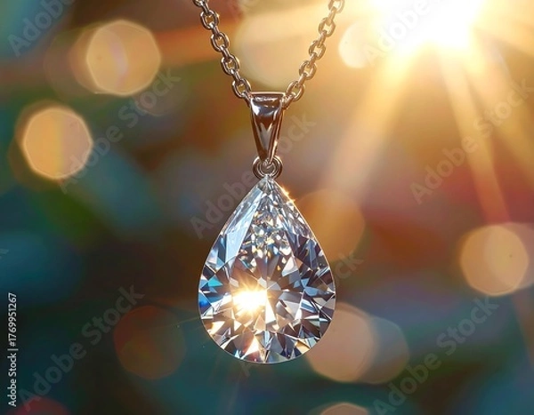 Obraz Elegant teardrop pendant reflecting sunbeams. Sparkling diamond