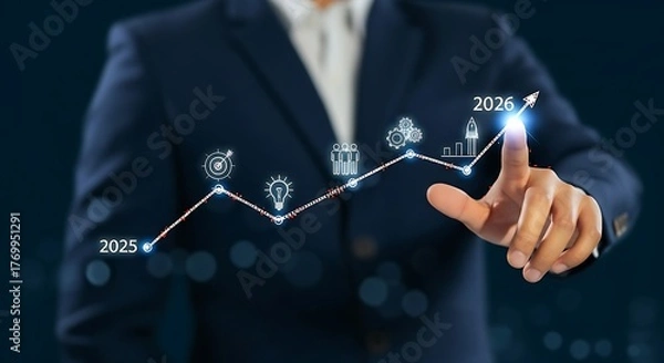 Fototapeta Businessman pointing at a glowing digital upward trending graph with icons representing business growth and success