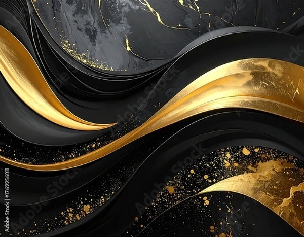 Fototapeta Elegant abstract artwork featuring black and gold flowing shapes