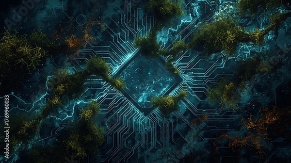Fototapeta Futuristic technology meets nature in a stunning digital landscape, blending organic growth with circuit board design for a powerful, modern visual