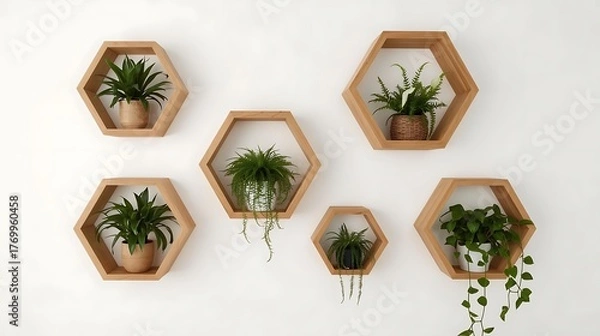 Fototapeta Stylish hexagon shelves with lush green plants create a modern, natural ambiance in your home or office showcasing contemporary botanical decor