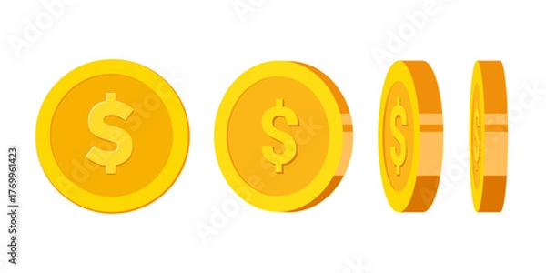 Fototapeta Gold Coins Vector Illustration with Dollar Symbol in Four Different Angles. Isolated, Flat, Golden money, Token illustration