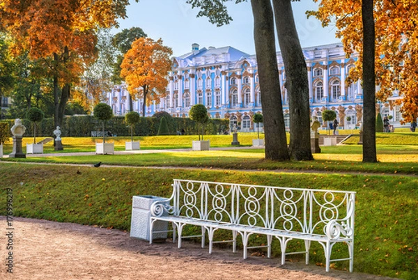 Obraz Екатерининский дворец и скамейка Catherine Palace and bench