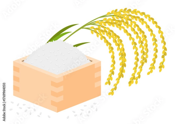 Fototapeta 垂れた稲穂と升に盛られた米と溢れた米粒のイメージイラスト
