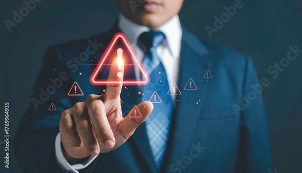 Fototapeta Businessman's Finger Touches Glowing Red Exclamation Mark Warning Symbol on Digital Interface with Multiple Alert Icons