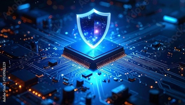 Fototapeta Glowing Shield Symbol Over Futuristic Circuit Board With Blue Lights And Orange Bokeh technology security