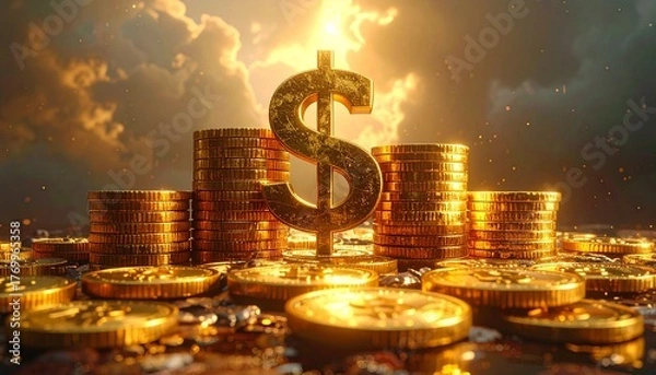 Fototapeta Golden Dollar Sign and Stacks of Gold Coins Illuminated by Dramatic Sunlight and Clouds Keywords: gold, coins, dollar sign, money, wealth, finance, currency, investment, banking, economy, rich