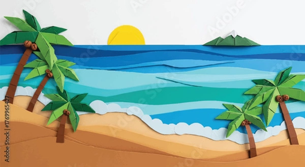 Obraz A charming papercraft scene of a sunny beach with palm trees and a distant island under a bright yellow sun