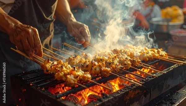 Fototapeta Detailed footage-style close-up of juicy satay skewers grilling over hot coals, vendor’s hands rotating them, smoke and glowing orange firelight