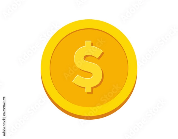 Fototapeta Money coin icon. Isolated Gold Coin with Dollar Sign Symbolizing Investment, Finance and Economy on White.