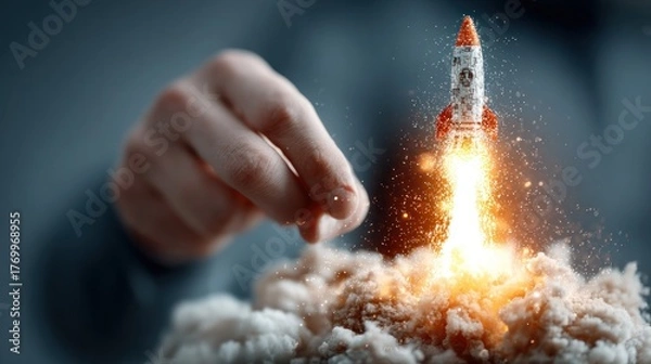 Fototapeta Conceptual image of rocket launch and success representing a business start up or innovation