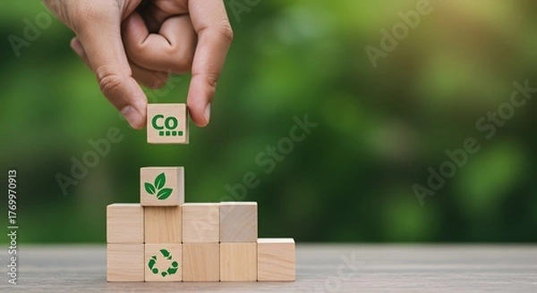Fototapeta Hand Placing Co Cube Symbolizing Corporate Commitment to Environmental Sustainability and Green Initiatives.