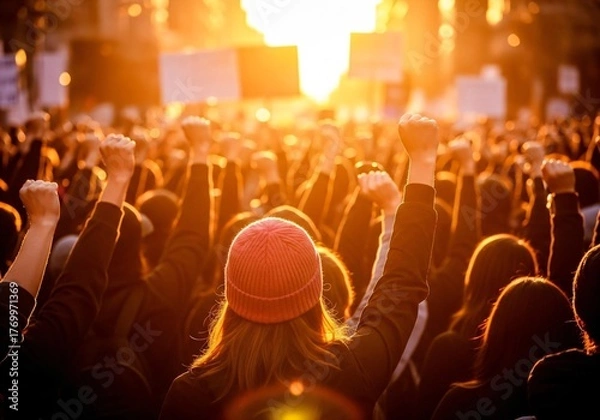 Fototapeta Empowered crowd raising fists in golden sunlight