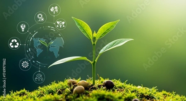 Fototapeta Lush Green Sprout on Moss with Digital Environmental Icons and World Map Symbolizing Sustainable Future.