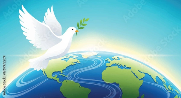 Obraz Vector illustration of a peace dove with an olive branch soaring above planet Earth against a bright sky, symbolizing hope and harmony
