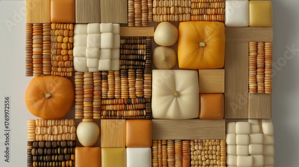 Fototapeta A geometric flat-lay arrangement of pumpkins, corn kernels, and wood textures in warm beige, cream, and orange tones - Generative AI