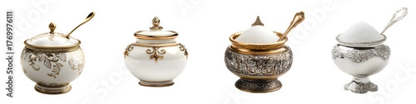 Obraz Sugar bowl – A small container used for holding sugar, often with a lid and a small spoon for serving. Isolated on Clear White Background Highly Detailed 