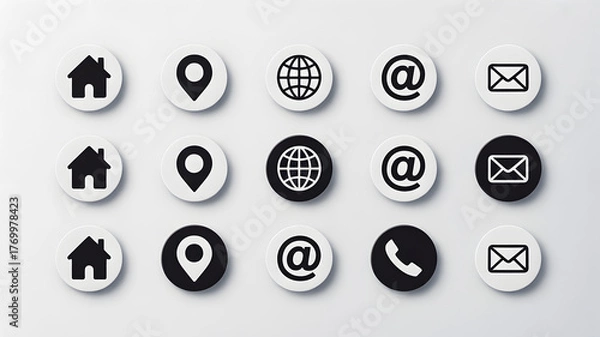 Fototapeta Collection of black and white icons representing home location globe email and phone for contact information on a light background