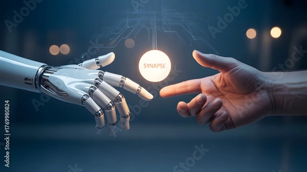 Fototapeta Human hand and robotic arm reaching towards a glowing light bulb symbolizing innovation and the future of technology