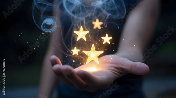Fototapeta A person s open hand gently holding glowing golden stars and magical shimmering light particles emanating upwards