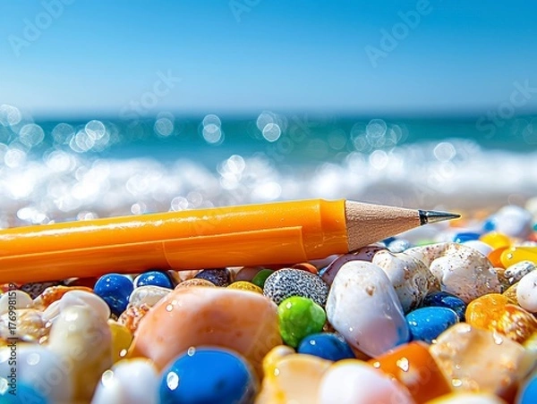 Obraz Orange Pencil on Seashells by the Ocean.