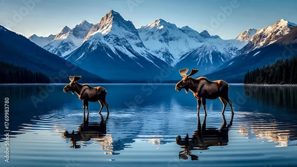Obraz A majestic moose stands serenely in a pristine alpine lake, surrounded by a stunning wilderness landscape.