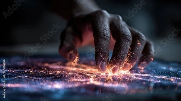 Obraz Human hand touching glowing particles creating a digital connection or interaction