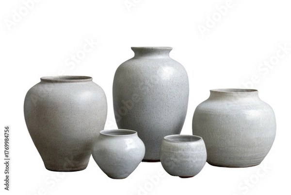Fototapeta Ceramic vases group of gray textured handmade pottery on dark backdrop