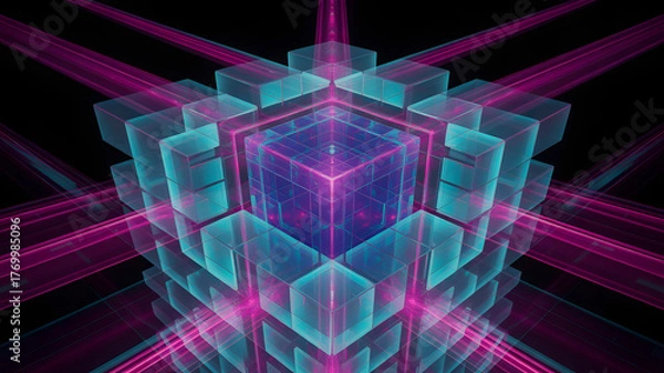 Fototapeta Abstract geometric fractal structure with glowing neon purple and teal light rays emanating outwards on a dark background