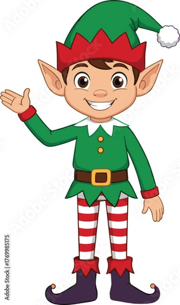 Fototapeta Cartoon Christmas elf character vector, festive holiday costume with striped leggings and hat, cad drawing flat vector illustration