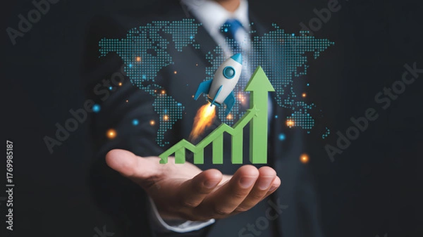 Fototapeta Businessman holding a glowing rocket launching upwards with a green financial growth chart superimposed on a world map background