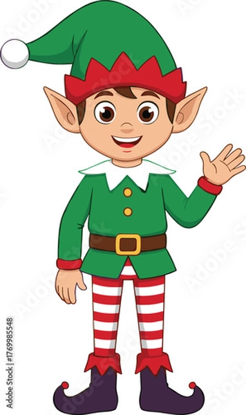Fototapeta Cartoon Christmas elf character vector, festive holiday costume with striped tights and hat, cad drawing flat vector illustration
