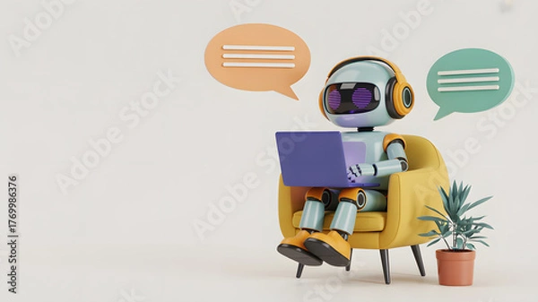 Fototapeta Friendly robot wearing headphones sits in a yellow armchair with a laptop and speech bubbles indicating communication and conversation