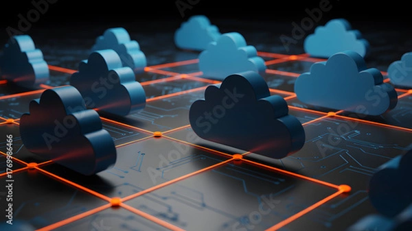 Fototapeta Abstract digital network of interconnected blue cloud symbols on a dark textured surface with glowing orange lines representing data flow