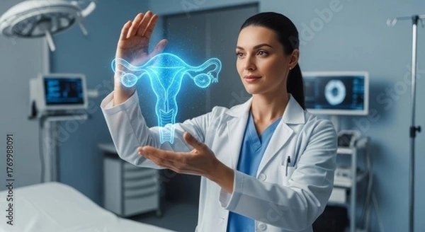 Fototapeta Female doctor in a futuristic operating room analyzing a holographic projection of a uterus.
