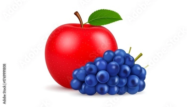 Obraz A vibrant red apple with a green leaf and a cluster of blue grapes