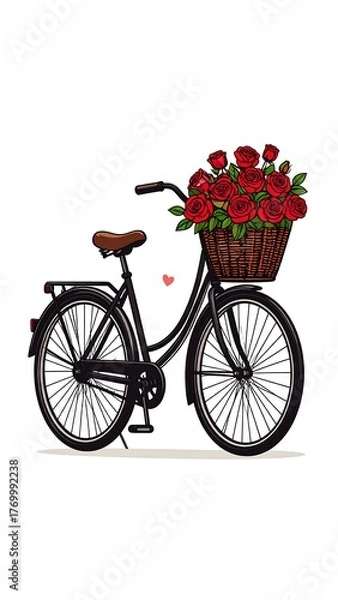 Obraz Black bicycle with a brown basket filled with red roses, heart symbol