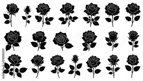 Obraz Black rose silhouettes on a white background, arranged in rows